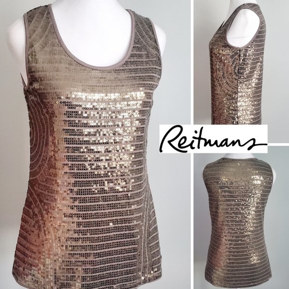 Metallic Taupe Gold Sequined Tank Top Holiday Office Party GNO Club Festival MED - Picture 1 of 10